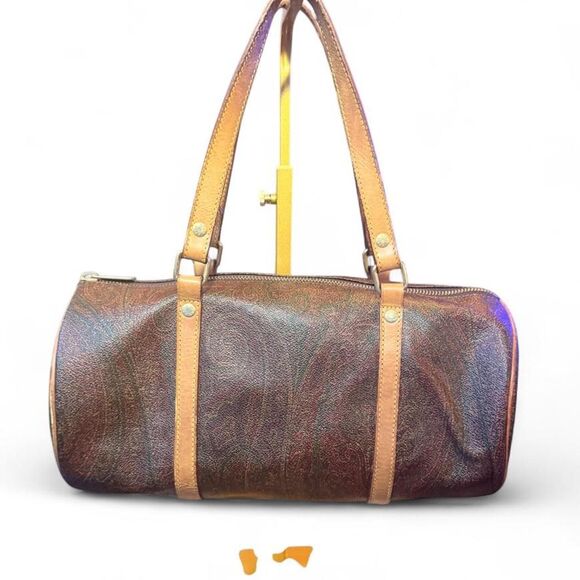 Etro Handbags - Vintage ETRO Milano Paisley Barrel Bag Leather Trim Shoulder Handbag Italy